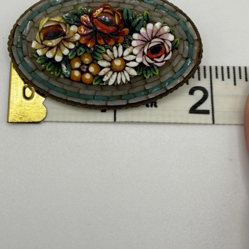 Antique Victorian Brooch Pin Micro Mosaic Inlay Glass Tile Flower Garden Italy